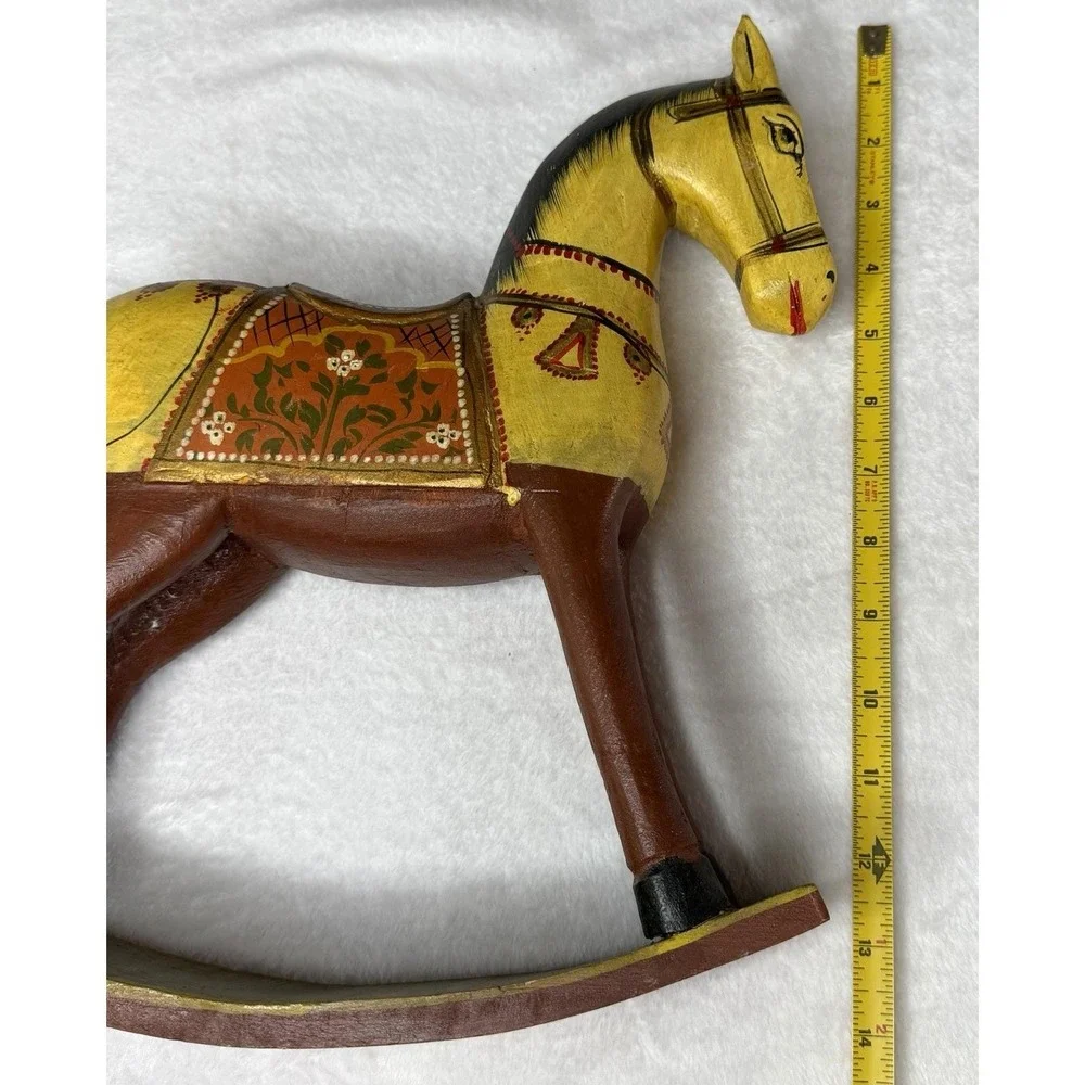 Wood Rocking Horse Hand Carved Painted Rajasthani Marwari War 13